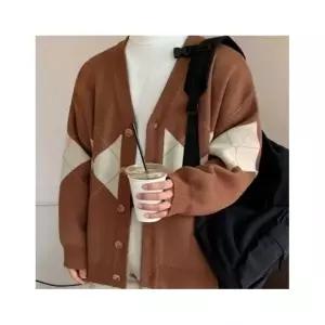 더블유쇼핑 아가일 남자 가디건 오버핏 니트가디건 남성 아우터