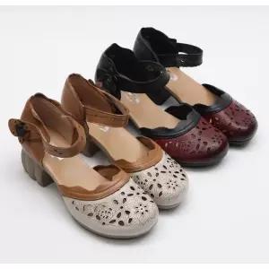 [라운슈] 가죽 플라워  슬링백 샌들힐 6.5cm