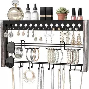 잭큐브디자인 MK460A - 금속 후크가 달린 우드 월 마운트 주얼리 정리함(녹슨 나무)