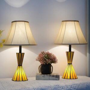 NUODITOS 모던 테이블 램프 2종 세트 수작업 스테인드글라스 야간 조명 3방향 희미한 침대 옆 노란색 천 음영 가정 장식용