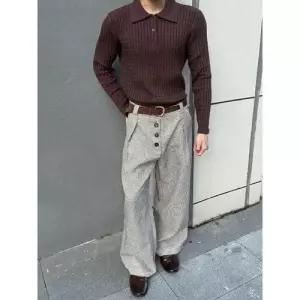 남성용 팬츠 오피스룩 캐주얼 빈티지 와이드 정장 플리츠 하운드투스 복합 체크 배기핏 A라인 원픽1