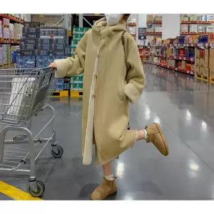 무스탕 롱코트 겨울 후드 두꺼운 퍼 여성 양털 안감 양가죽 보온 무스탕코트