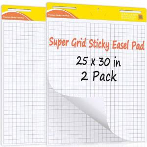 ReliThick Sticky Easel 패드 25 x 30 인치 장 / 프리미엄 흰색 화이트 Grid 교사용 앵커 차트 용지 대형 셀프 스틱 플립 용지(2 패드)