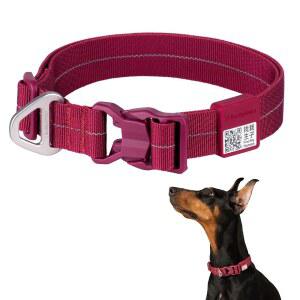 버디아머 전천후 반려견 칼라 반사 조절가능 부드러운 나일론 QR 코드 통기성 퀵 릴리스 버클 특허 합금 링(라이트버건디 M)