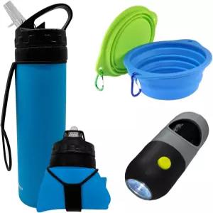 접이식 BPA 프리 실리콘 개 보울 및 병 LED 배변 봉투 디스펜서 워킹 키트 번들 야외 여행 하이킹 러닝