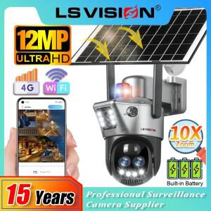 LS VISION 12MP 10X 줌  태양 광 카메라 4G SIM/WiFi 듀얼 스크린 나이트 비전 빨간색 파란색 빛 알람 V380