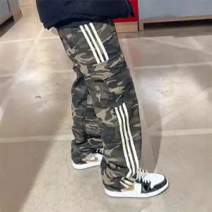 호크아이 팬츠 남성용 빈티지 세줄 스트릿 카무플라주 와이드 배기핏 스트라이프 데일리룩 KUK1
