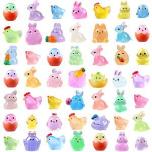 DULEFUN 50pc 이스터 야광 미니 수지 피규어 어두운 토끼 미니어처 병아리 인형 인형의집 마이크로 가든 풍경 장식 달걀 필러 파티에서 인기 있는 아이템들