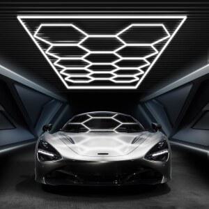 직사각 프레임이 있는 FERUERW 육각형 차고 조명 고휘도 672W 86400LM 6500K 상점 지하실 자동차 세부 사항 등을 위한 14개의 그리드(장착 집게 포함)