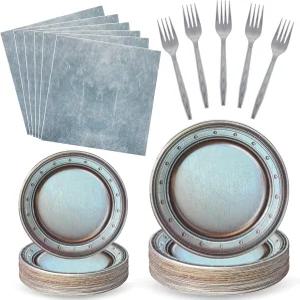 징모어 144개 중세 파티 용품 캐슬 해적 생일 빈티지 디너 라운드 실버 그레이 종이 접시 냅킨 포크