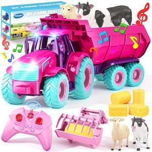 빛과 소리가 있는 펀위 RC 트랙터 장난감 세트 팜 카 동물 트레일러 휠 원격 트럭 야외 차량 생일 선물 아이디어 (로즈 레드)