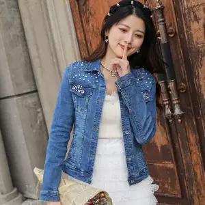 무천도사 여성 여성용 데님 봄가을 오버핏 숏 박시 재킷 쁘띠 징구슬 스판 KKE1