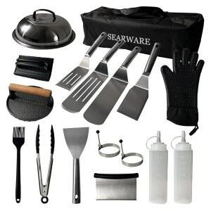 SEARWARE 그리들 스틸 장갑 주철 플랫 포함 그릴 내구성 및 프레스 스테인리스 탑용 내열성 도구 있는 액세서리 세트