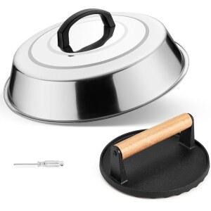 LEONYO 멜팅 탑 30.5CM(12인치) 스티머 뚜껑 플랫 원형 스매시 있는 푸드 돔 베이컨 버거 키트, 그릴 철판용 고기 프레스, 및 프레스가 베이스팅 커버, 요리 주철 스매셔, 치즈용