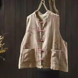 여성용 가을 빈티지 나시 조끼 민소매 캐주얼조끼 야상 프린트 버클 admr3