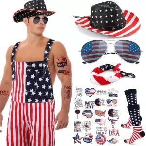 Mepase 15피스 미국 국기 오버롤 세트 남성 여성용 반바지 데님 빕 스트랩 카우보이 모자 선글라스 양말 타