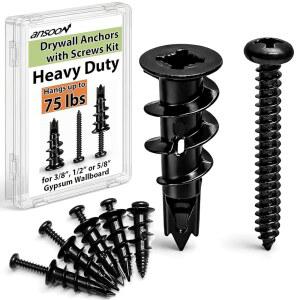 ANSOON #8 50개 앵커 튼튼한 또는 및 셀프 3.2CM(11/4인치) 건식 나사 벽체 시트록 도어 + 34KG(75파운드) 할로우 벽체, 고정 메탈 장착용 키트, 벽걸이 블랙 드릴링 석고,