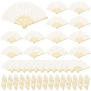 MCEAST 80피스 접이식 선물 패브릭 소품, 크림 대나무 파티 팬 교회 실크 댄스 가방 오간자 휴대용 포함, 웨딩 핸드 신부