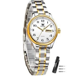 OLEVS 여성 시계 날짜와 요일 실버 골드 스테인리스 스틸을 사용한 여성 시계 작은 손목시계를 위한 우아한 여성 시계(흰색 화이트 / 블랙 / 블루 / 골드 페이스)