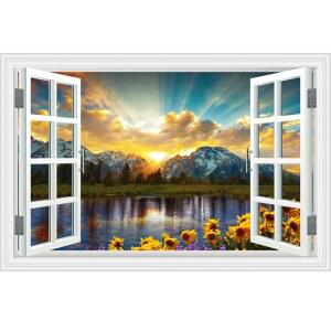 가짜 창문 벽 스티커 벽화 - 마운틴 레이크 해바라기 장면 붙이기 예술 포스터 사진 홈 오피스 가을 자연 경관 장식 필 앤 스틱 48인치 x32인치 데칼스