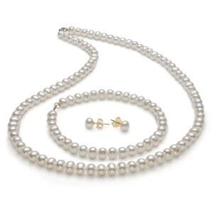 벨라쿠아 14K 골드 담수 진주 18인치 목걸이 팔찌 여성 귀걸이 세트 | 그녀를 위한 보석 | 선물 상자 포함
