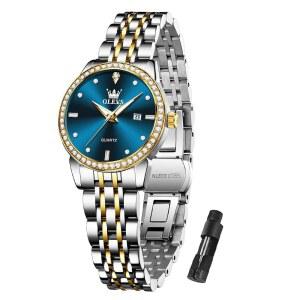 여성 OLEVS 골드 워치 방수 스몰 다이얼 여성 시계 스테인리스 스틸 아날로그 여성 손목 시계 패션 럭셔리 원피스 다이아몬드 시계 (골드 / 블루 / 슬라이브) 다이얼 선물