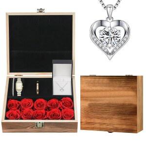 여성 보석 세트 골드 워치 925 실버 목걸이 스테인리스 스틸 뱅글과 영원한 장미 나무 상자 아내 엄마를 위한 이상적인 생일 선물