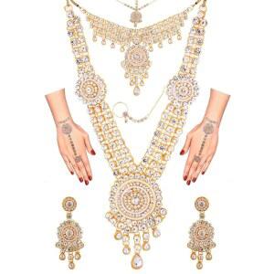 에풀겐즈 인도 신부 주얼리 인도 결혼 주얼리 세트 여성 신부 볼리우드 쿤단 라인스톤 목걸이 귀걸이 마앙 티카 헤드 체인 코 반지 팔찌 주얼리 세트