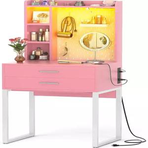 허치와 서랍이 있는 베시오스트 스몰 베니티 데스크 콘센트가 핑크 메이크업 LED 조명이 테이블 화장대
