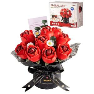 ROKR 3D 퍼즐 DIY 빌딩 키트 선물 상자에 담긴 버건디 장미 꽃다발 9개 가정 장식용 꽃 스냅챗