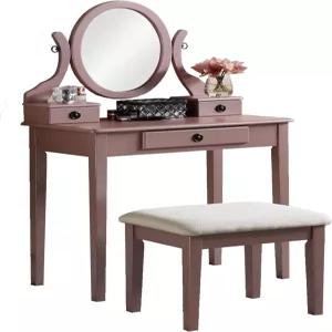 라운드힐 가구 모니스 우드 모니야 메이크업 배니티 테이블 및 스툴 세트 로즈 골드