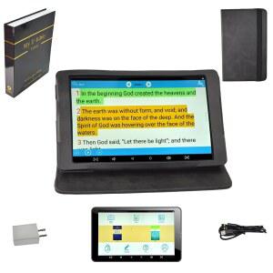 수상 경력에 빛나는 오디오북 스피커 전자 성경 헤드폰 포함 8인치 전자책 리더 오디오 플레이어 교회 노트용 포켓이 있는 시뮬레이션 가죽 케이스 하드 쉘 성경 스타일 선물 상자. (블랙)