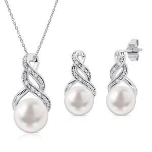 리얼 다이아몬드 스털링 실버 진주 목걸이 귀걸이 세트 | 저자극 리얼 배양 담수 진주 주얼리 세트 18인치 실버 체인 | MAX + STONE 선물 상자를 가진 여성 위한 다이아몬드 신부 들러리 세트