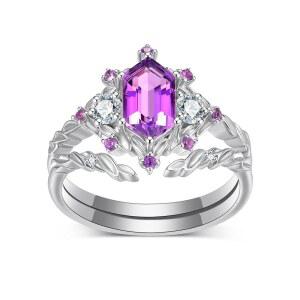 리요바나 링 1CT 헥사곤 컷 자수정 결혼 반지 세트 18K 흰색 화이트 골드 플래티넘 도금 실버 쓰리 스톤 신부 세트 S925 자수정 모이사나이트 약혼 반지 세트 여성 기념일 생일 선물