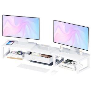 HEWORLIF 듀얼 모니터 스탠드 라이저 서랍이 있는 책상 정리함 악세사리 책상용 컴퓨터 모니터 스탠드 PC 노트북 프린터 TV용 조절가능 데스크톱 선반 흰색