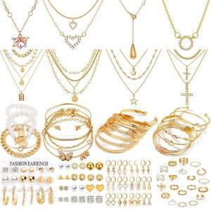 IFNODO 116피스 골드 도금 주얼리 세트 8개의 PCS 목걸이 22개의 PCS 팔찌 66개의 PCS 스터드 댕글 귀걸이 20개의 너클 반지 여성 발렌타인 기념 우정 선물 (골드 세트)