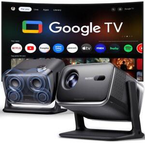 WiFi 블루투스 음성 제어 가족 모드 20W 돌비 오디오 실시간 포커스 침실/홈 시어터/야외용 4K 지원 영화 프로젝터 Aurzen BOOM 미니 Google TV 스마트 프로젝터 블랙