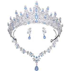 실버 라이트 블루 오팔 브라이덜 티아라 주얼리 세트 목걸이 귀걸이 포함 고급 선물 상자 u2013 우아한 결혼식 무도회 졸업식 왕관