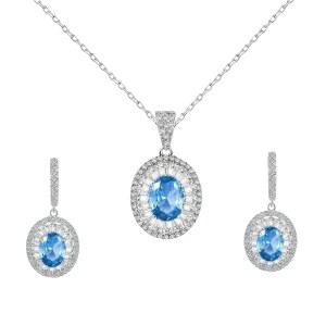 여성 925 스털링 실버 주얼리 세트 - 블루 토파즈 헤일로 펜던트 목걸이 귀걸이 세트 CZ 다이아몬드 스털링 실버 목걸이 귀걸이 세트 고급 선물 상자가 있는 다인티 블루 젬스톤 주얼리