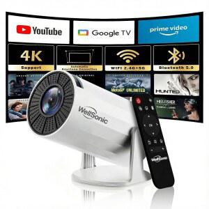WiFi 블루투스 기능을 갖춘 WellSonic 미니 프로젝터 휴대용 영화 프로젝터 지원 4K 자동 키스톤 210 회전 130인치 화면 스마트 프로젝터 침실 야외용 HDMI 스마트폰 TV 스틱 지원