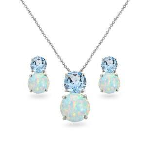 B. 여성 또는 신부 들러리를 위한 브릴리언트 오팔 목걸이 귀걸이 주얼리 세트 정품 시뮬레이션 또는 제작 젬 & 오팔 더블 라운드 스톤 선물 상자 포함 0.925 스털링 실버 세트