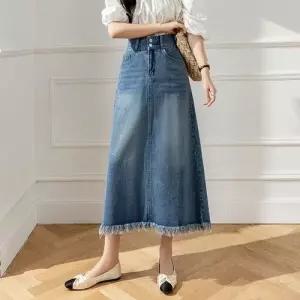 치마 여성 데님 미디 롱 빈티지 캐주얼 프린지 A라인 데님스커트 하이웨스트 블루 봄가을 청치마 SPO마켓1