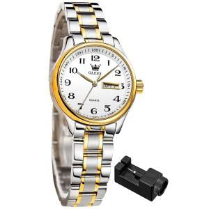 OLEVS 여성 비즈니스 원피스 여성 소형 손목시계 골드 실버 톤 스테인리스 스틸 밴드 아날로그 쿼츠 데이 데이트 방수 레이디 시계