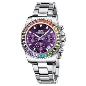 여성 컬러풀 다이아몬드 시계 크로노그래프 회전 베젤 미네랄 글래스 야광 시계 스테인리스 스틸 방수 날짜 아날로그 쿼츠 시계 패션 비즈니스 원피스 손목시계