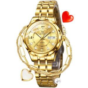 OLEVS 여성 캐주얼 모던 다이아몬드 자동 기계식 여성 셀프 와인딩 원피스 투 톤 손목 시계 데이트 데이