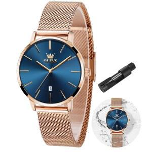 OLEVS 여성 시계 럭셔리 원피스 로즈 골드 여성 슬림 얇은 경량 시계 스테인리스 스틸 메쉬 시계 패션 방수 여성 손목 시계 블랙 흰색 화이트 블루 페이스 조절가능 팔찌