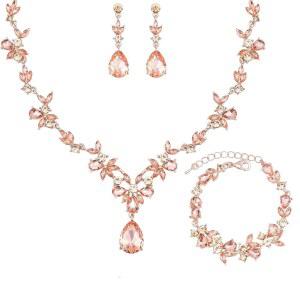 여성 초이이트 웨딩 주얼리 세트 신부용 꽃 목걸이 당글 귀걸이 팔찌 세트 크리스탈 프롬 파티 의상 악세사리 #0015