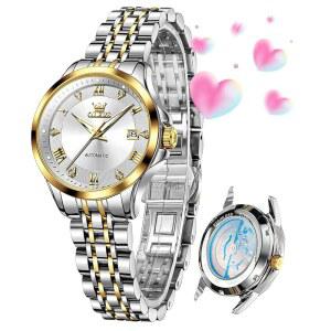 OLEVS 여성 자동 시계 다이아몬드 럭셔리 데이트 여성 원피스 클래식 셀프 와인딩 손목시계 야광 방수 기능