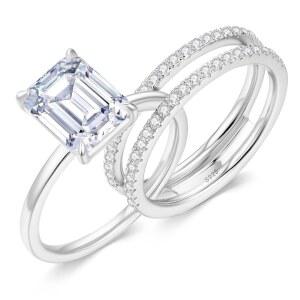 여성 3.5CT 모이사나이트 브라이덜 링 세트 에메랄드 컷 D 컬러 VVS1 클래리티 웨딩 링 세트 18K 흰색 화이트 골드 도금 S925 스털링 실버 약혼 반지 발렌타인데이 선물 아이디어 (사이즈 5-8.5)