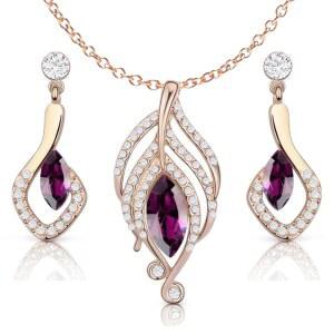 크리스탈린 아주리아 크리스탈 시뮬레이션 보라색 자수정 세트 펜던트 목걸이 18인치 귀걸이 18K 로즈 골드 도금 여성